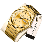 Mens Quartz Watch, 44mm Case, Date Day Display, Luminous, Stainless Steel Band, Waterproof Wristwatch