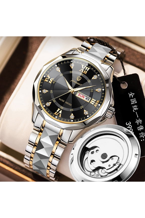 Men's Quartz Watch, Imitation Mechanical Hollow Transparent Case, Butterfly Clasp, Steel Band, Luminous, Waterproof, Calendar, Diamond-Shaped Wristwatch