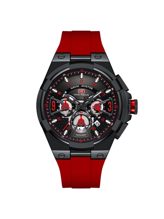 Men's Quartz Watch Multifunction Sport Wrist Watches Luxury Waterproof Red Silicone Strap 0402