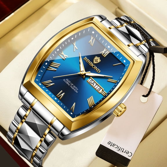 Men's Quartz Watch, Tonneau Case, Day-Date Display, Two-Tone Stainless Steel Band Business Dress Watch