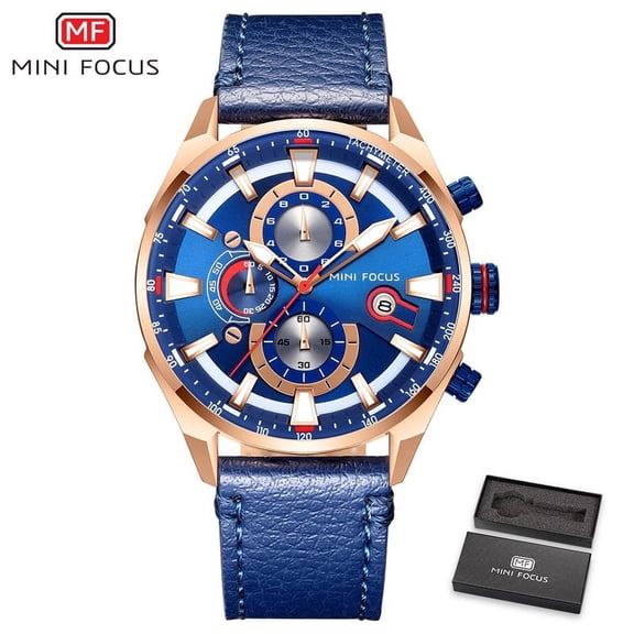 Men's Quartz Watch Waterproof Blue Leather Strap Luxury Multifunction Sport Watch Men's Wristwatch