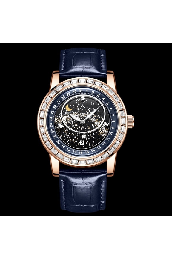 Men's Quartz Watch with Rotating Starry Sky Dial, Fashionable Sun-Moon-Stars Design, Waterproof and Luminous Men's Wristwatch