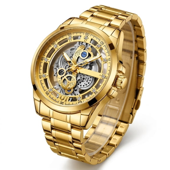 Men’s Quartz Wrist Watch, Decorative Skeleton Hollow Dial, Stainless Steel Band Business Dress Watch