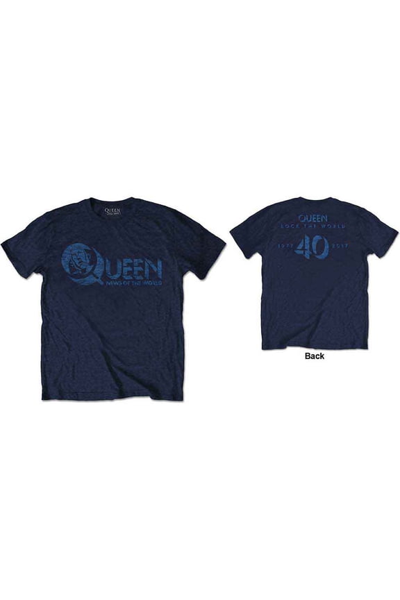 Men's Queen News of the World 40th Vintage Logo (Back Print) Slim Fit T-shirt Medium Navy