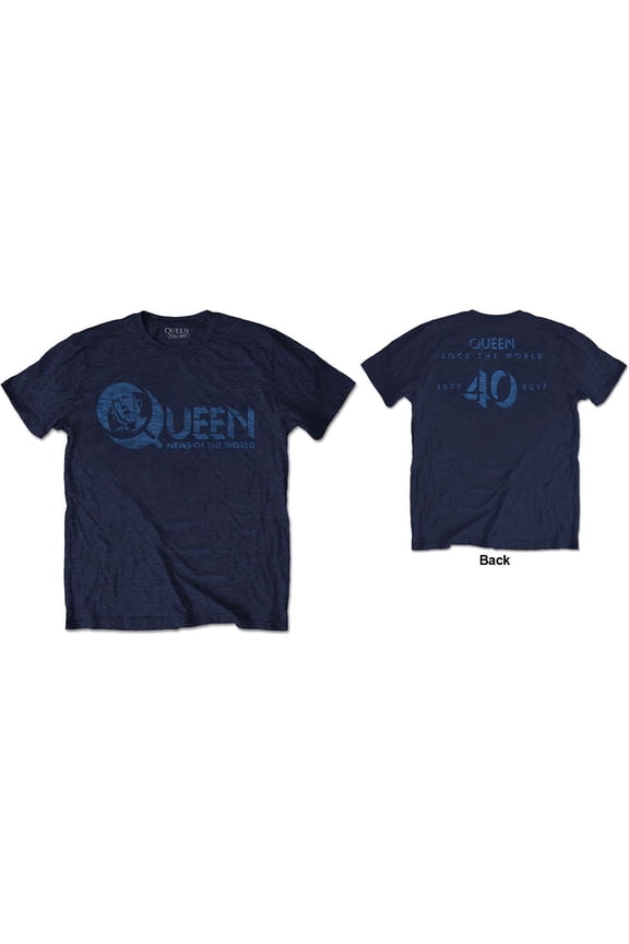 Men's Queen News of the World 40th Vintage Logo (Back Print) Slim Fit T-shirt Small Navy