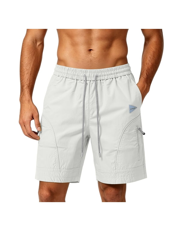 Men's Quick Dry 7-Inch Beach Shorts, Elastic Waist Drawstring Solid Color Swim Trunks with Zipper Pockets, Lightweight Breathable Summer Thin Shorts for Men White