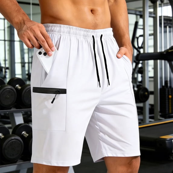 Men's Quick Dry 9 Inch Workout Shorts, Elastic Waist Drawstring Gym Shorts with Zipper Cargo Pocket, Lightweight Breathable Athletic Shorts for Running & Training White