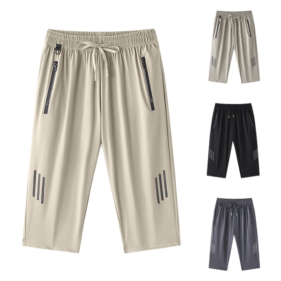 Men's Quick Dry Athletic Capri Pants 3/4 Length Below Knee Elastic Waist Zipper Pockets Loose Fit Lightweight Polyester Gym Workout Running Training Basketball Shorts Khaki 2XL
