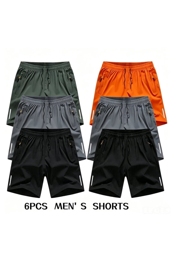 Men's Quick-Dry Athletic Shorts with Elastic Drawstring Waist Zipper Pockets, Athletic Shorts, 6 Pack