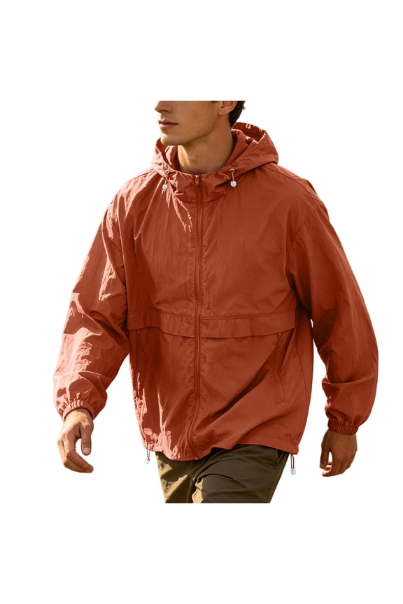 Men's Quick Dry Breathable Outdoor Hiking Jacket, Full-Zip Hooded Sun Shirt with Zipper Pockets Size 4XL Orange-A