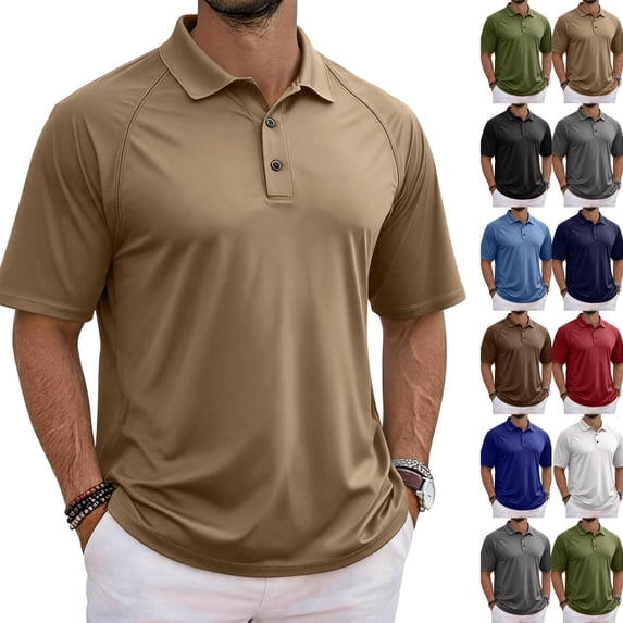 Men's Quick Dry Breeze Raglan Short Sleeve Polo Shirt Breathable Collared Top for Golf Tactical Work Daily Casual ,L,Khaki