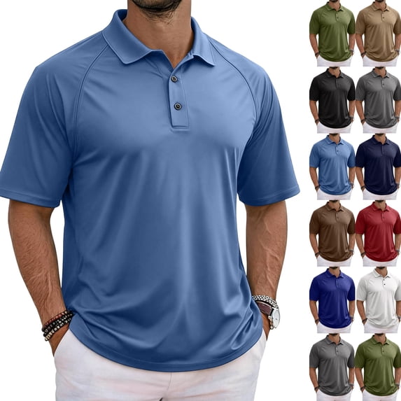 Men's Quick Dry Breeze Raglan Short Sleeve Polo Shirt Breathable Collared Top for Golf Tactical Work Daily Casual ,M,Blue