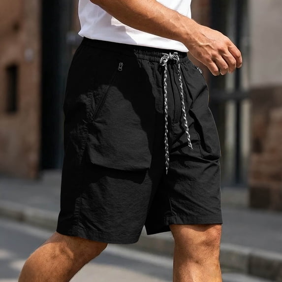 Men's Quick Dry Cargo Shorts, Elastic Waist Drawstring with Yellow Zipper Pockets, Lightweight Casual Outdoor Hiking Shorts Daily Wear Black L