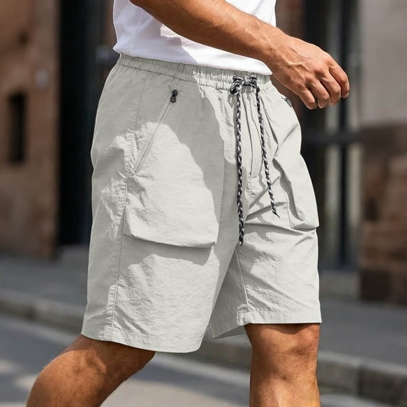 Men's Quick Dry Cargo Shorts, Elastic Waist Drawstring with Yellow Zipper Pockets, Lightweight Casual Outdoor Hiking Shorts Daily Wear Gray L