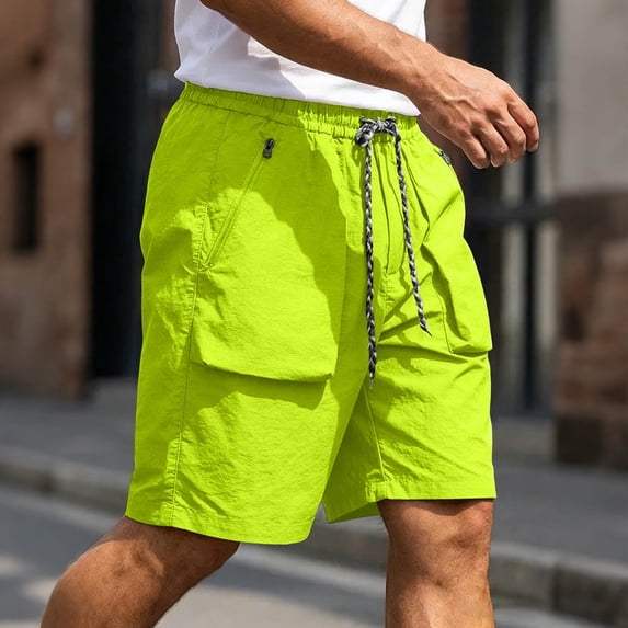 Men's Quick Dry Cargo Shorts, Elastic Waist Drawstring with Yellow Zipper Pockets, Lightweight Casual Outdoor Hiking Shorts Daily Wear Green L