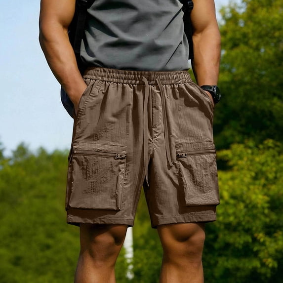 Men's Quick Dry Cargo Shorts Summer Work Out Shorts, Elastic Drawstring Waist with Zippered Pockets, Casual Athletic Shorts for Men Beach & Poolside Khaki L