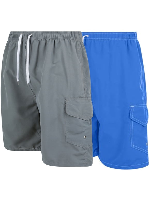 Men's Quick Dry Cargo Swim Trunks, Board Shorts with Mesh Lining, Blue/Gray, Medium