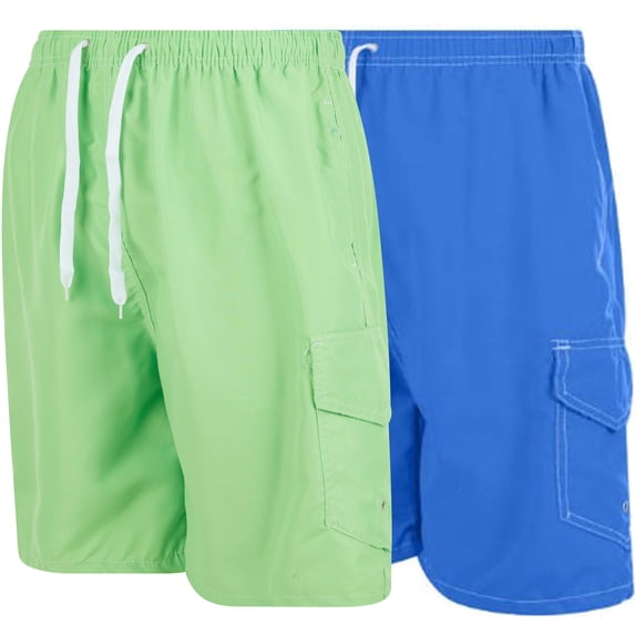 Men's Quick Dry Cargo Swim Trunks, Board Shorts with Mesh Lining, Blue/Lime, X-Large