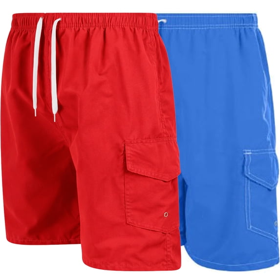 Men's Quick Dry Cargo Swim Trunks, Board Shorts with Mesh Lining, Blue/Red, Medium