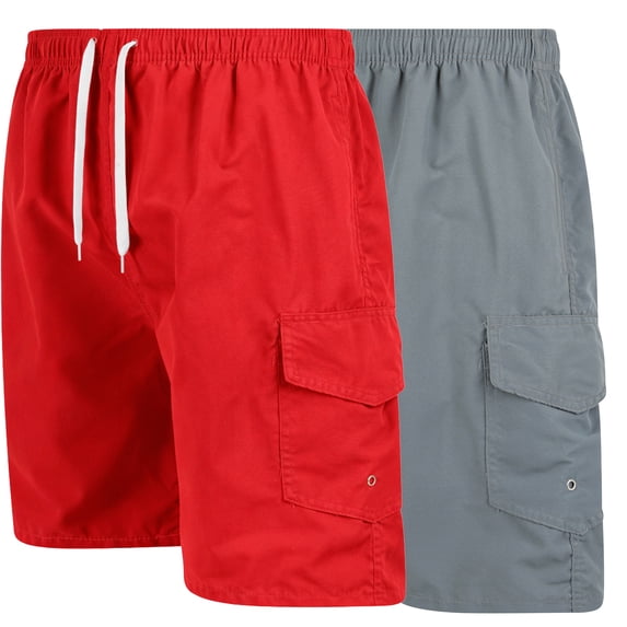 Men's Quick Dry Cargo Swim Trunks, Board Shorts with Mesh Lining, Gray/Red, Large