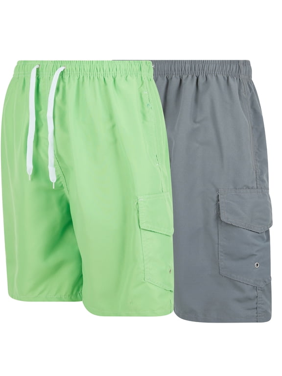 Men's Quick Dry Cargo Swim Trunks, Board Shorts with Mesh Lining, Lime/Gray, Large