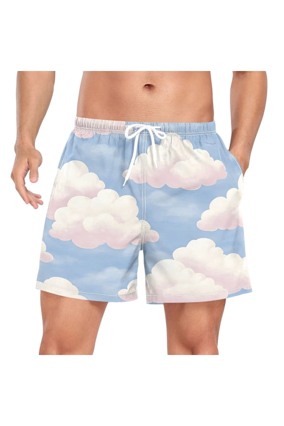 Men's Quick Dry Casual Beach Shorts Blue Sky and White Clouds with Pockets, Lightweight Swim Trunks for Surfing Gym