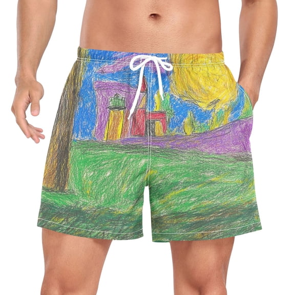 Men's Quick Dry Casual Beach Shorts Children Doodle Pattern with Pockets, Lightweight Swim Trunks for Surfing Gym