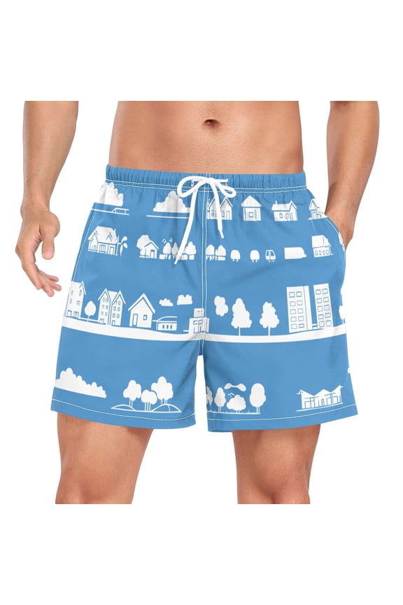 Men's Quick Dry Casual Beach Shorts Cityscape Icons Pattern with Pockets, Lightweight Swim Trunks for Surfing Gym
