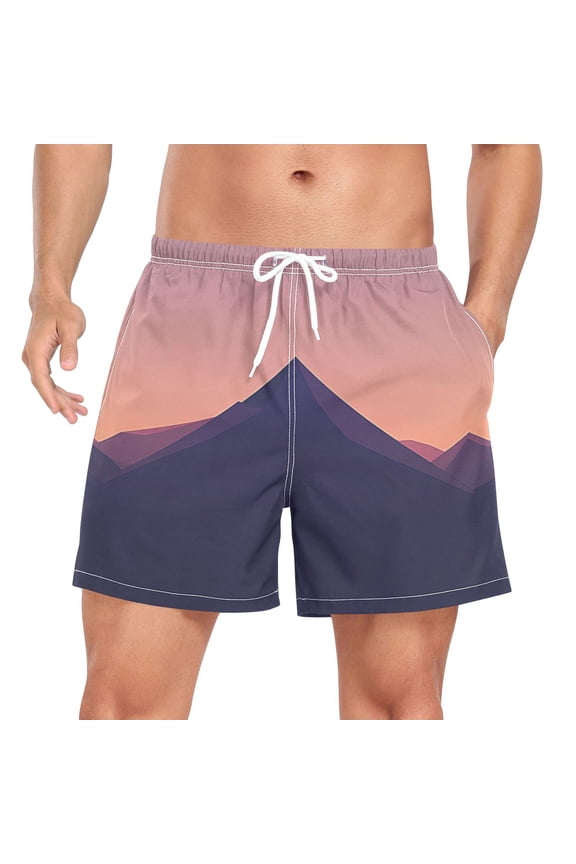 Men's Quick Dry Casual Beach Shorts Geometric Mountains at Sunset with Pockets, Lightweight Swim Trunks for Surfing Gym