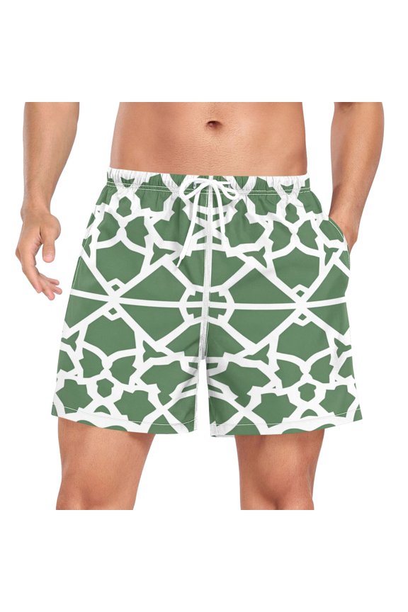 Men's Quick Dry Casual Beach Shorts Green Moroccan Stripe with Pockets, Lightweight Swim Trunks for Surfing Gym