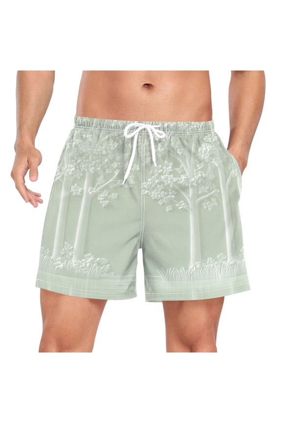 Men's Quick Dry Casual Beach Shorts Ink Drawing River and Forest with Pockets, Lightweight Swim Trunks for Surfing Gym