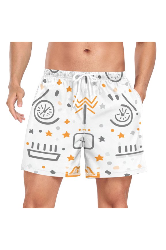 Men's Quick Dry Casual Beach Shorts Simple Icons Pattern with Pockets, Lightweight Swim Trunks for Surfing Gym