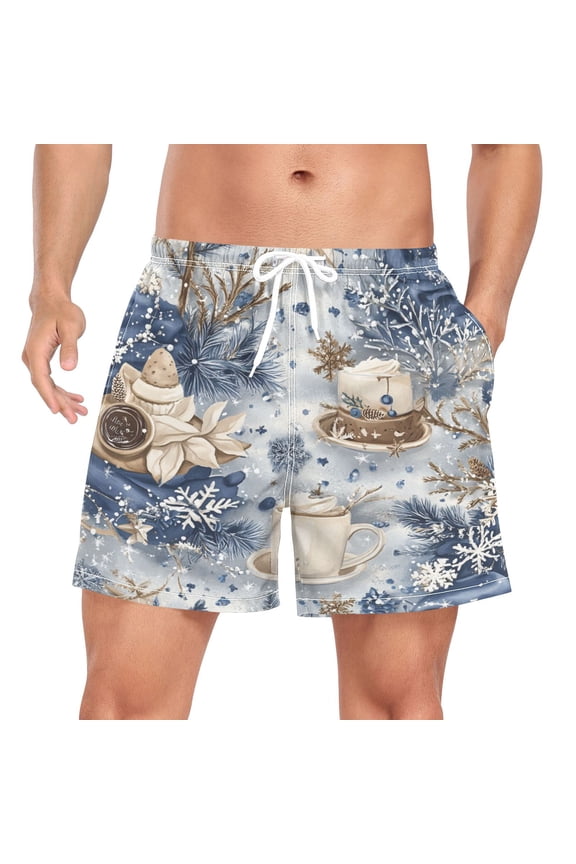Men's Quick Dry Casual Beach Shorts Winter Themed Cake with Pockets, Lightweight Swim Trunks for Surfing Gym