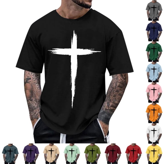 Men's Quick-Dry Cross Graphic T-Shirt with Short Sleeve, 4-Way Stretch Athletic Workout Tee, Polyester-Spandex Fabric Yellow