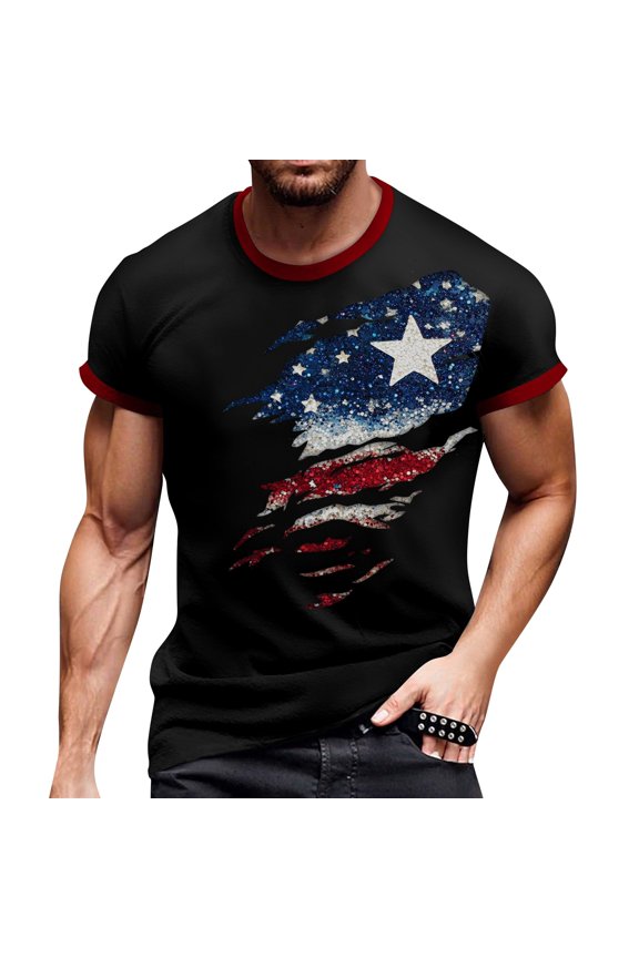 Men's Quick-Dry Independence Day Printed Tee, Lightweight Short Sleeve Shirt with All-Over Vintage Graphic ,Wine 3XL