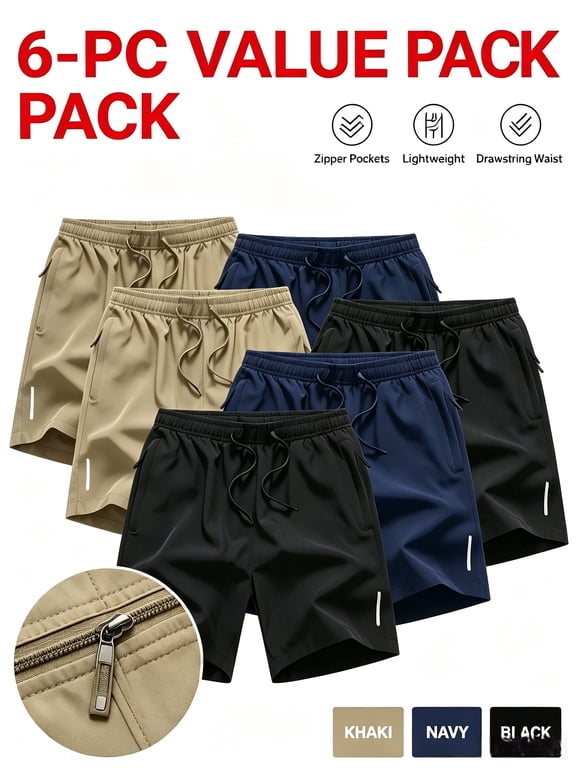 Men's Quick-Dry, Lightweight, Zipper Pockets Athletic Shorts, 6 Pack