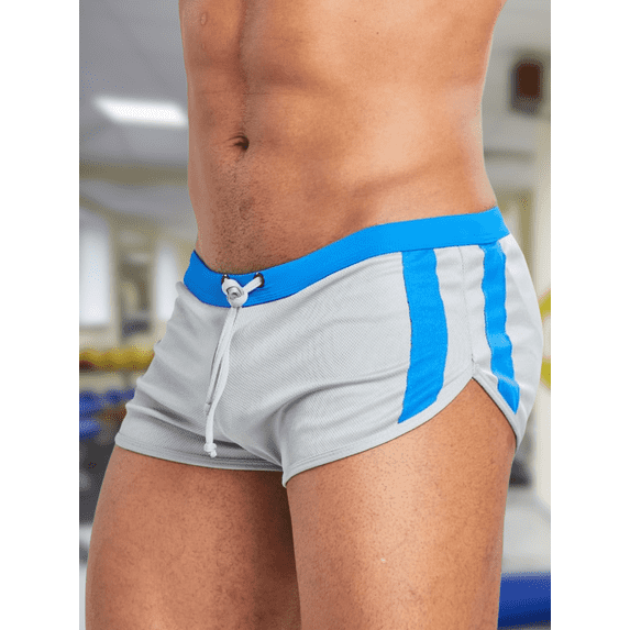 Men's Quick Dry Swim Trunks with Drawstring, Athletic Sport Shorts for Beach, Pool, Vacation, Color Block Striped Design (Gray) XL