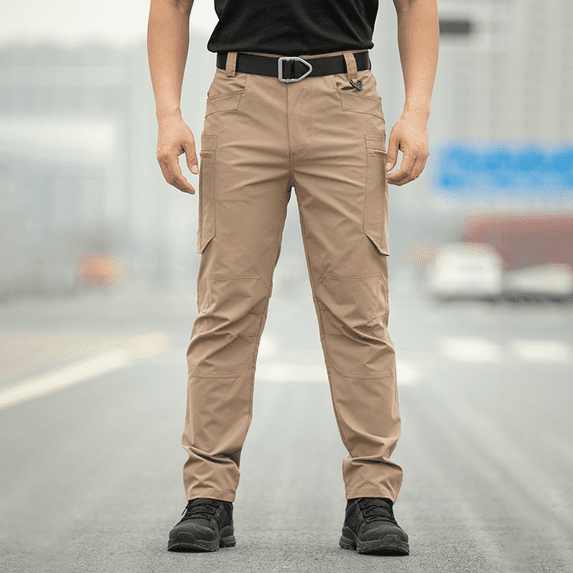 Men's Quick Dry Tactical Cargo Pants, Stretch Lightweight Water Resistant Multi Pocket Straight Leg Outdoor Hiking Utility Work Trousers, Khaki, L