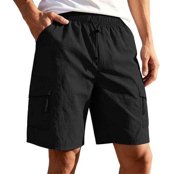 Men's Quick Dry UPF 50+ Sun Protection Cargo Shorts, Elastic Waist Drawstring Casual Hiking & Beach Shorts with Zipper Pockets Size 5XL Black