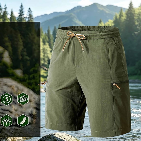 Men's Quick Dry Waterproof Hiking Fishing Shorts 9 inch, Elastic Waist Drawstring Outdoor Shorts with Zipper Pockets, Lightweight Cargo Shorts Army Green