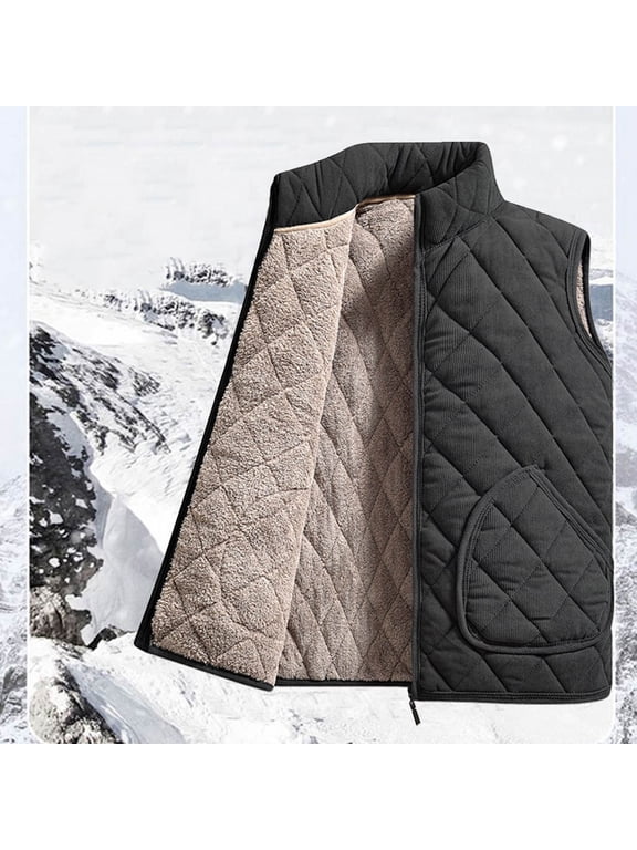 Men's Quilted Fleece Lined Vest Corduroy Outer Shell Sherpa Warm Stand Collar Sleeveless Gilet