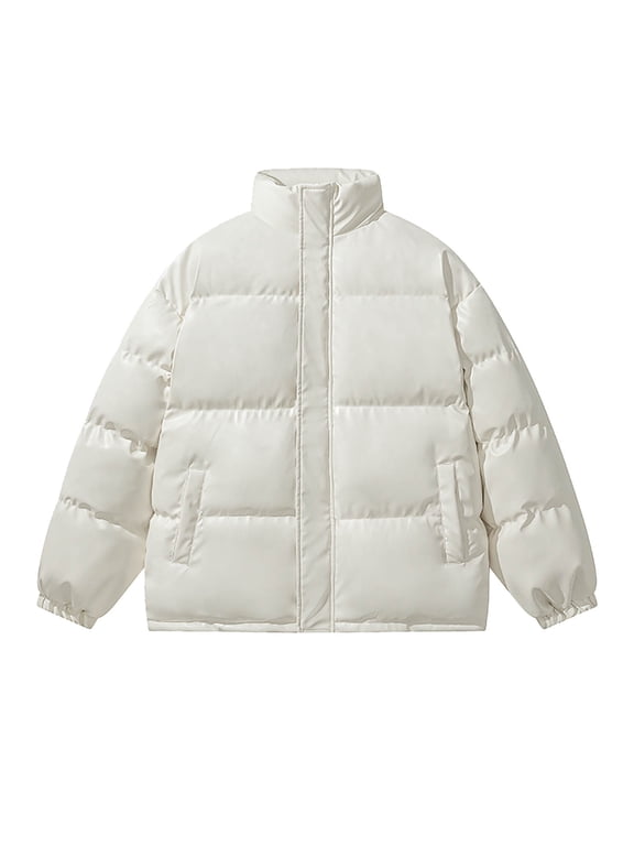 Men's Quilted Jacket Faux Leather Bomber Style Zip Up Stand Collar Coat Waterproof Windbreaker for Fall Winter Urban Streetwear,White,XXL