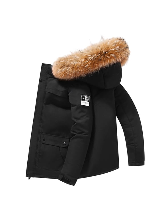 Men's Quilted Jacket Winter Coat Heavyweight Warm Parka with Removable Fuzzy Hood Waterproof & Windproof Shell Ski Snow Outerwear with Flap Pockets