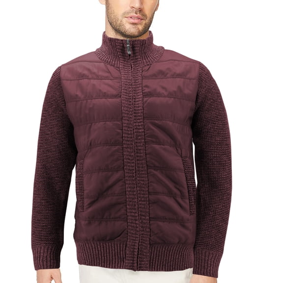 Men’s Quilted Lightweight Fleece Lined Two Tone Puffer Knitted Zipper Jacket (Burgundy, M)