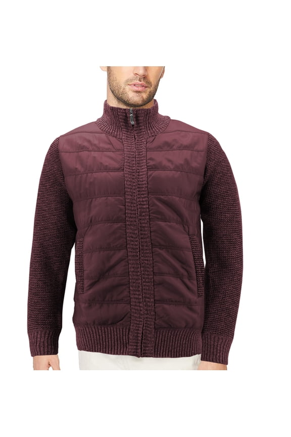 Men’s Quilted Lightweight Fleece Lined Two Tone Puffer Knitted Zipper Jacket (Burgundy, XS)