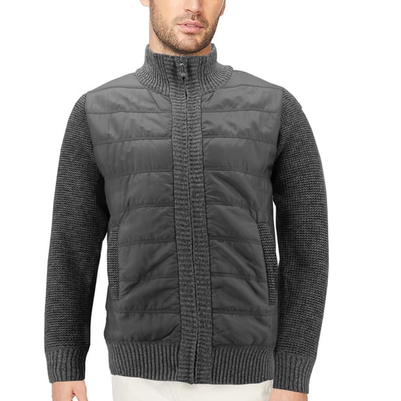 Men’s Quilted Lightweight Fleece Lined Two Tone Puffer Knitted Zipper Jacket (Charcoal, M)