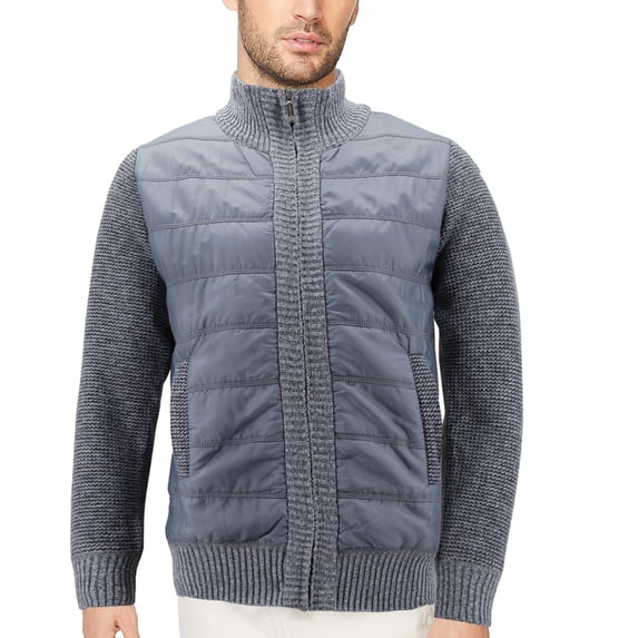 Men’s Quilted Lightweight Fleece Lined Two Tone Puffer Knitted Zipper Jacket (Grey, L)