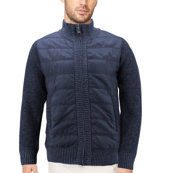 Men’s Quilted Lightweight Fleece Lined Two Tone Puffer Knitted Zipper Jacket (Navy, S)