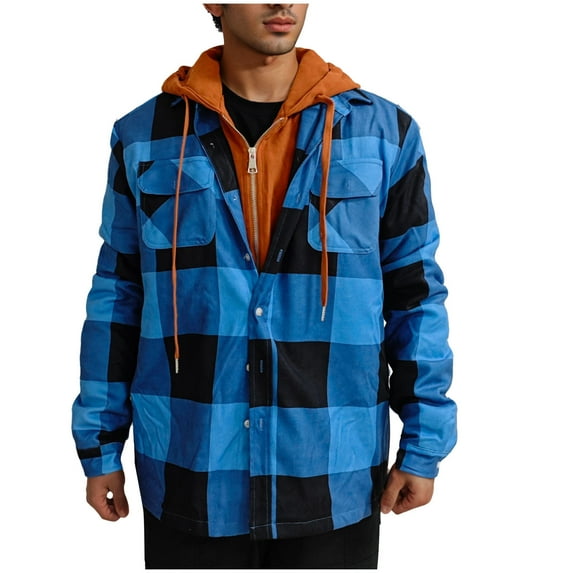 Men's Quilted Lined Hoodie Jacket Plaid Cotton Zip Up Sweatshirt Jacket Long Sleeve Flannel Shirt Shacket (3XL, Blue)
