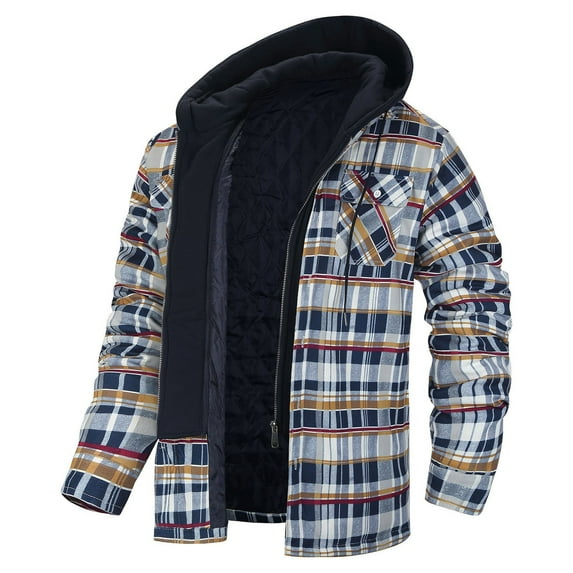 Men's Quilted Lined Hoodie Jacket Plaid Cotton Zip Up Sweatshirt Jacket Long Sleeve Flannel Shirt Shacket (4XL, Orange)